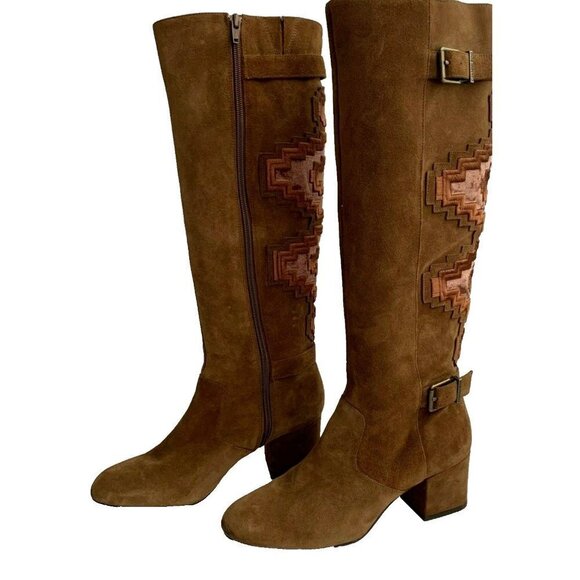 Gianni Bini Aztec Boots Knee High Embroidered Brown Leather Suede Buckle Zip 8M - Picture 1 of 14